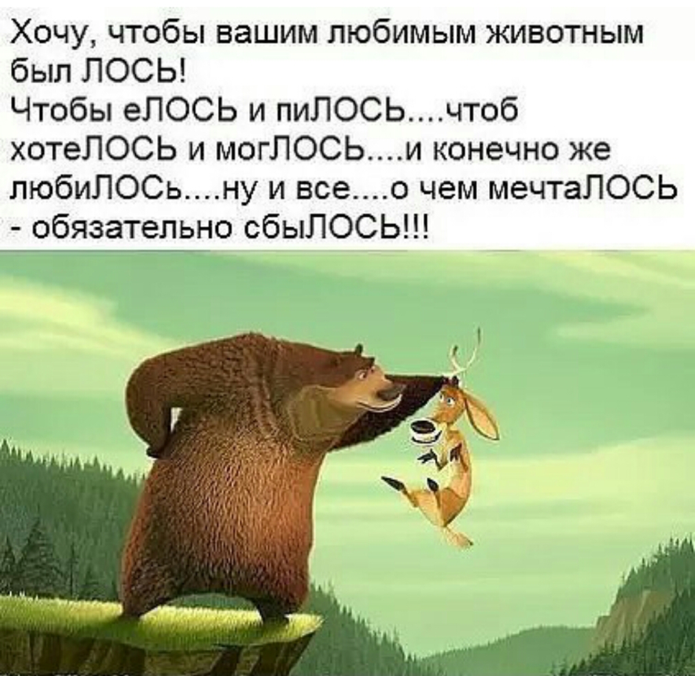 Хочу чтобы вашим любимым животным был ЛОСЬ Чтобы еПОСЬ и пиЛОСЬчтоб хотеЛОСЬ и могЛОСЬи конечно же пюбиЛОСьну и всео чем мечтаЛОСЬ обязательно сбыПОСЬ