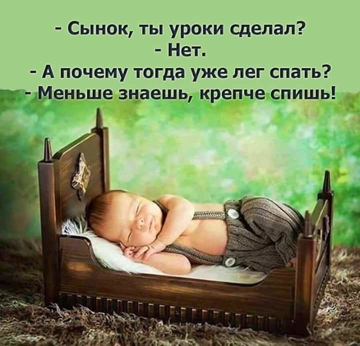 Сынок ты уроки сделал Нет А почему тогда уже лег спать Меньше знаешь крепче спишь