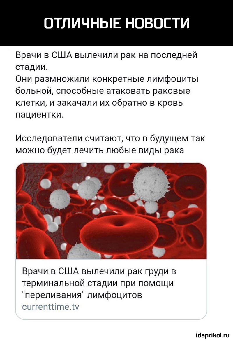 ОТЛИЧНЫЕ НОВОСТИ Врачи в США вылечили рак на последней стадии Они размножили конкретные лимфоциты больной способные атаковать раковые клетки и закачали их обратно в кровь пациентки Исследователи считают что в будущем так можно будет лечить любые виды рака Врачи в США вылечили рак груди в терминальной стадии при помощи переливания лимфоцитов сиггеппітету іааргіКпЦи