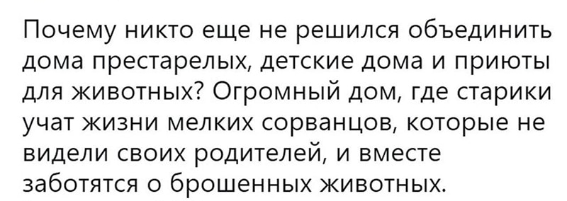 Почему никто еще не решился объединить дома престарелых детские дома и приюты для животных Огромный дом где старики учат жизни мелких сорванцов которые не видели своих родителей и вместе заботятся о брошенных животных