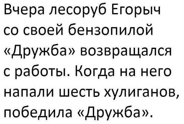 Вчера лесоруб Егорыч со своей бензопилой Дружба возвращался с работы Когда на него напали шесть хулиганов победила дружба