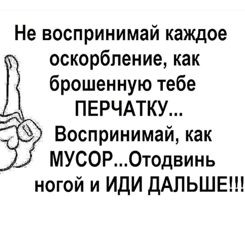 Не воспринимай каждое оскорбление как брошенную тебе ПЕРЧАТКУ Воспринимай как __ МУСОРОтодвинь ногой и ИДИ ДАЛЬШЕ