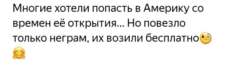 Многие хотели попасть в Америку со времен её открытия Но повезло только неграм их возили бесплатноё