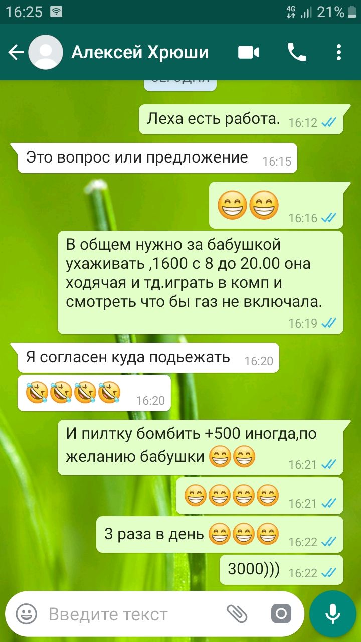 1625 29 21 Алексей Хрюши Й Леха есть работа Это вопрос или предложение р В общем нужно за бабушкой ухаживать 1600 с 8 до 2000 она ходячая и тдиграть в комп и смотреть что бы газ не включала таюэ Я СОГЛЭСЭН куда ПОДЬЭЖЗТЬ