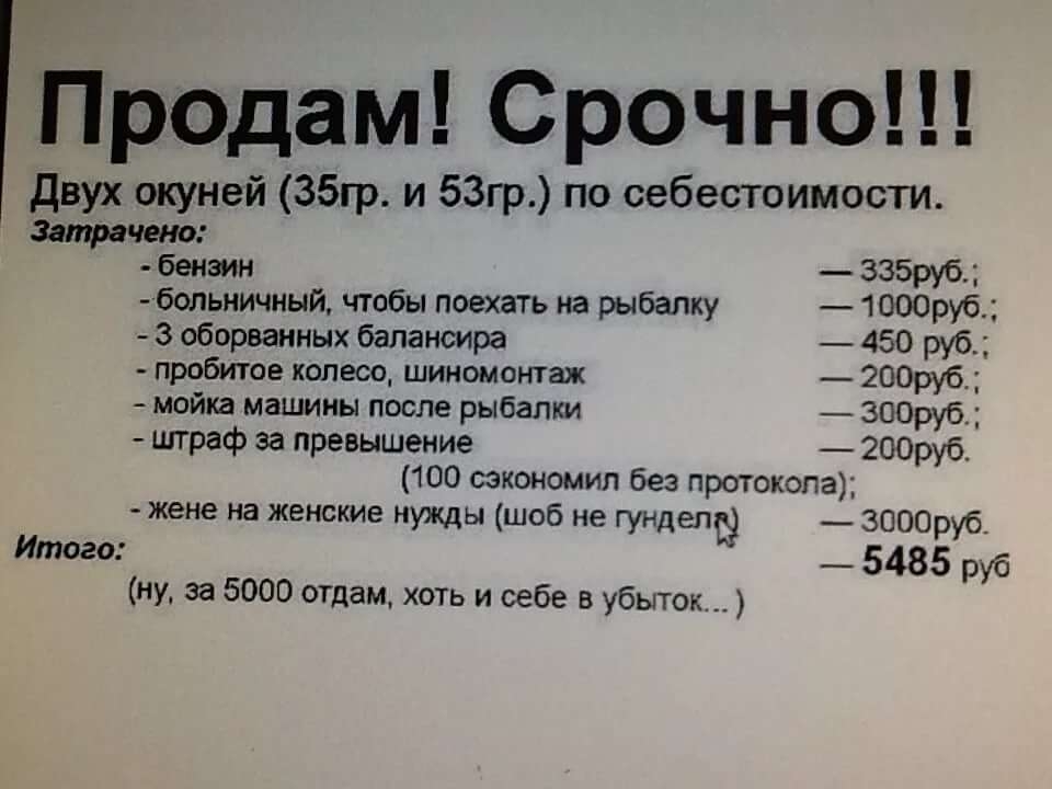 Продам Срочно двух окуней 35гр и 53гр по себестоимости За чека тра бензин 335руб больничный чтобы поехать на рыбалку 1000руб 3 оборванных балансира 450 руб пробитое колесо шиномонтаж 200руб мойка машины после рыбалки ЗООруб штраф за превышение 200руб 100 сэкономил без протокола жене на женские нужды шоб не гунделш 3000руб Итого _ 5485 руб ну за 5000 отдам хоть и себе в убыток