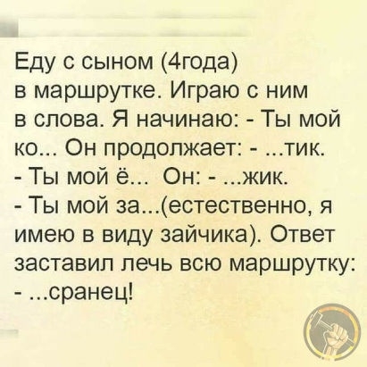 Еду с сыном 4года в маршрутке Играю с ним в слова Я начинаю Ты мой ко Он продолжает тик Ты мой ё Он ЖИК Ты мой заестественно я имею в виду зайчика Ответ заставил печь всю маршрутку сранец