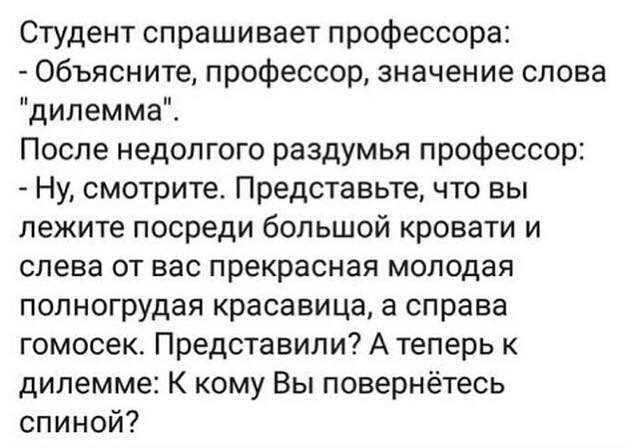 Студент спрашивает профессора Объясните профессор значение слова дилемма После недолгого раздумья профессор Ну смотрите Представьте что вы лежите посреди большой кровати и слева от вас прекрасная молодая полногрудая красавица а справа гомосек Представили А теперь к дилемме К кому Вы повернётесь спиной