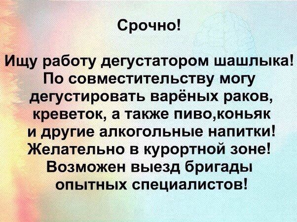 Срочно Ищу работу дегустатором шашлыка По совместительству могу дегустировать варёных раков креветок а также пивоконьяк и другие алкогольные напитки Желательно в курортной зоне Возможен выезд бригады опытных специалистов