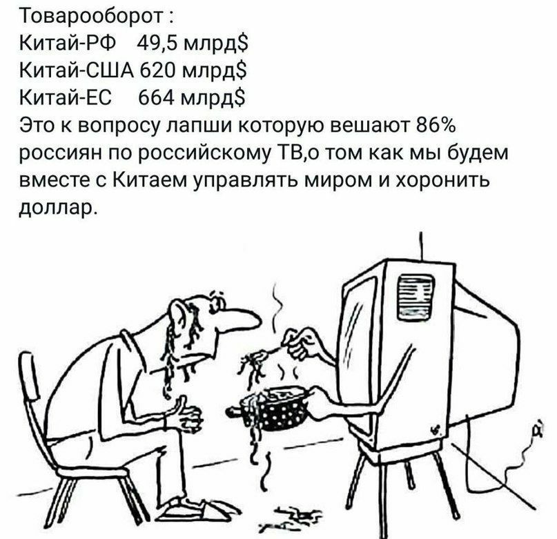Товарооборот КитайРФ 495 млрд КитайСША 620 млрд КитайЕС 664 млрд Это к вопросу лапши которую вешают 86 россиян по российскому ТВо том как мы будем вместе с Китаем управлять миром и хоронить доллар