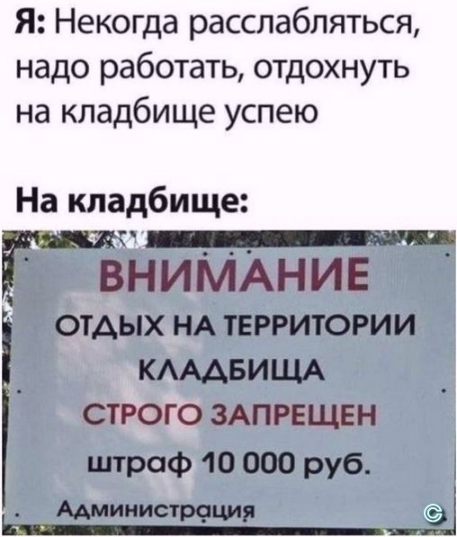 Я Некогда расслабляться надо работать отдохнуть на кладбище успею На кладбище Ё ВНИМАНИЕ ОТДЫХ НА ТЕРРИТОРИИ КАААБИЩА СТРОГО ЗАПРЕЩЕН штраф 10 000 руб Администрация _Ц