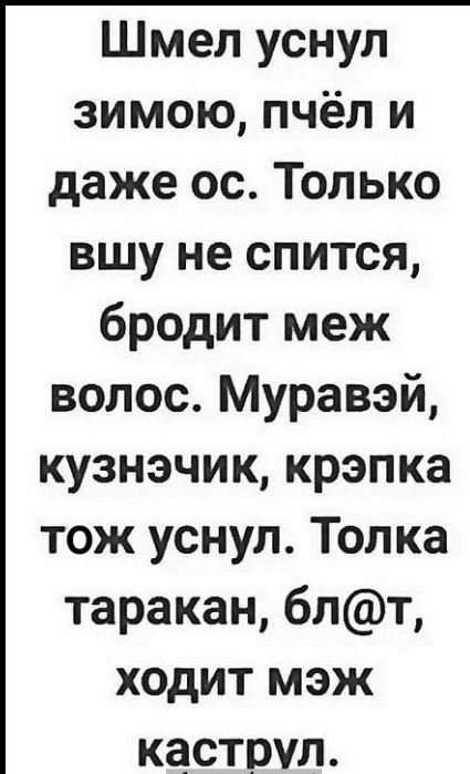 Шмеп уснул зимою пчёл и даже ос Только вшу не спится бродит меж волос Муравэй кузнэчик крэпка тож уснул Топка таракан блт ходит мэж каструл