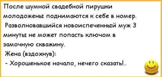 После шумной свадебной пирушки молодожены поднимаются себе в номер Разволновпвшийся новоиспеченный муж 3 минуты не может попасть ключом в замочную скважину Жена вздохнув Хорошенькое начило нечего ского гы