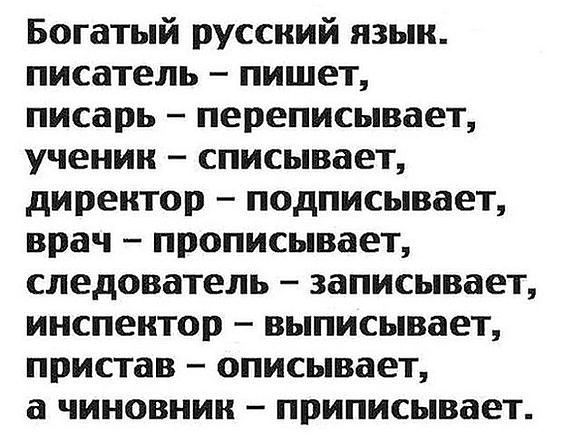 Богатый русский язык писатель пишет писарь переписывает ученик списывает директор подписывает врач прописывает следователь записывает инспектор выписывает пристав описывает а чиновник приписывает