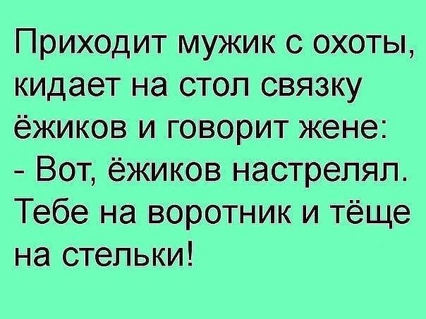 Приходит мужик с охоты кидает на стол связку ёжиков и говорит жене Вот ёжиков настрепял Тебе на воротник и тёще на стельки