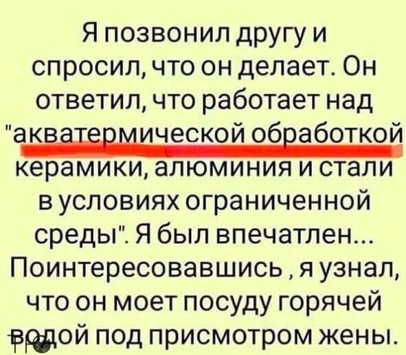 Я позвонил другу и спросил что он делает Он ответил что работает над акЁіЁрмической обработкой керамики алюминия и стали в условиях ограниченной средыі Я был впечатлен Поинтересовавшись я узнал что он моет посуду горячей витой под присмотром жены