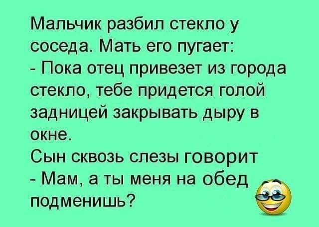 Мальчик разбил стекло у соседа Мать его пугает Пока отец привезет из города стекло тебе придется голой задницей закрывать дыру в окне Сын сквозь слезы говорит Мам а ты меня на обед подменишь