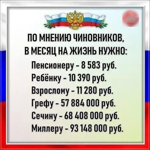 ПО МНЕНИЮ ЧИНПВНИКПВ В МЕСЯЦ НА ЖИЗНЬ НУЖНО Пенсионеру В 583 руб Ребёнку 10 390 руб Взрослому 11 280 руб Грефу 57 881 000 руб Сечину 68 ЮВ 0110 руб Миллеру 93148 000 руб 3 49