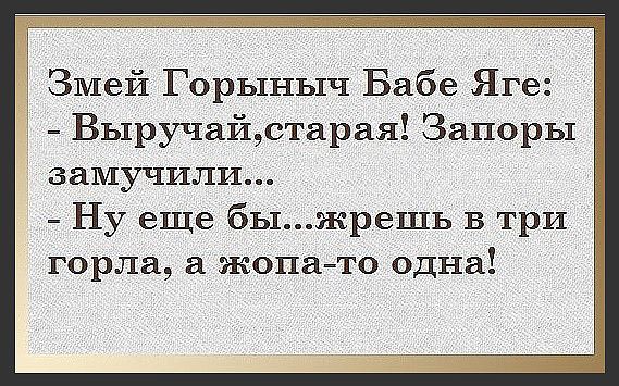 Емей Горыныч Бабе Яге Выручайстарая Запоры замучили Ну еще быжрешь в три горла а жопа то одна