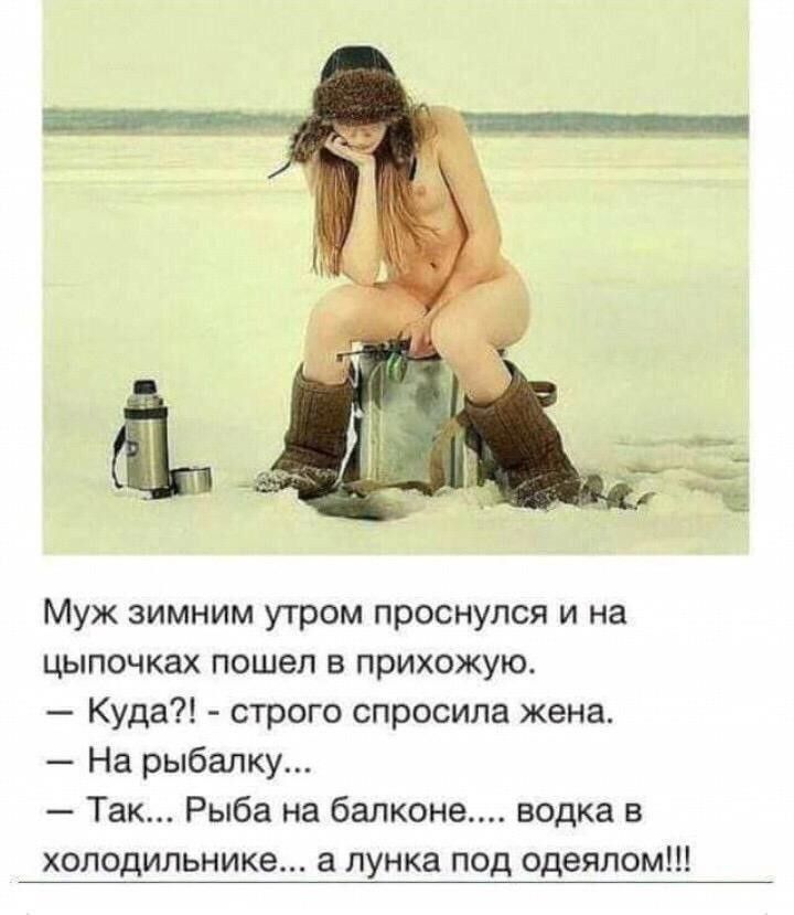 Муж зимним утром проснулся и на цыпочках пошел в прихожую Куда строго спросила жена На рыбалку Так Рыба на балконе водка в холодильнике а лунка под одеялом