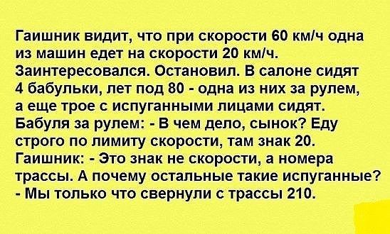 Гаишник видит что при скорости 60 кмч одна из машин едет на скорости 20 кмч заинтересовался Остановип В салоне сидят 4 бабульки лет под 80 одна из них за рулем 3 еще ТРОЕ С ИСПУГЭННЫМИ лицами СИДЯТ Бабуля за рулем В чем дело сынок Еду строго по пимиту скорости там знак 20 Гаишник Это знак не скорости а номера трассы А почему остальные такие испуганные Мы только что свернули трассы 210