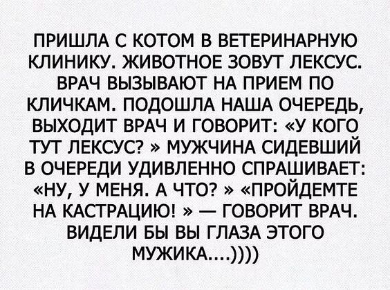 ПРИШЛА с котом в ВЕТЕРИНАРНУЮ клинику ЖИВОТНОЕ зовут ЛЕКСУС ВРАЧ ВЫЗЫВАЮТ НА ПРИЕМ по КЛИЧКАМ ПОДОШЛА НАША ОЧЕРЕДЬ выходит ВРАЧ И ГОВОРИТ у кого тут ЛЕКСУС МУЖЧИНА СИДЕВШИЙ в ОЧЕРЕДИ УДИВЛЕННО СПРАШИВАЕТ ну у МЕНЯ А что ПРОЙДЕМТЕ НА КАСТРАЦИЮ _ говорит ВРАЧ ВИДЕЛИ вы вы ГЛАЗА этого МУЖИКА