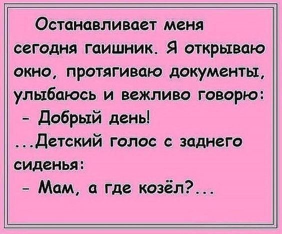 Останавливает меня сегодня гаишник Я открываю окно протягиваю документы улыбаюсь и вежливо говорю Добрый день Детский голос с заднего сиденья Мам где козёл