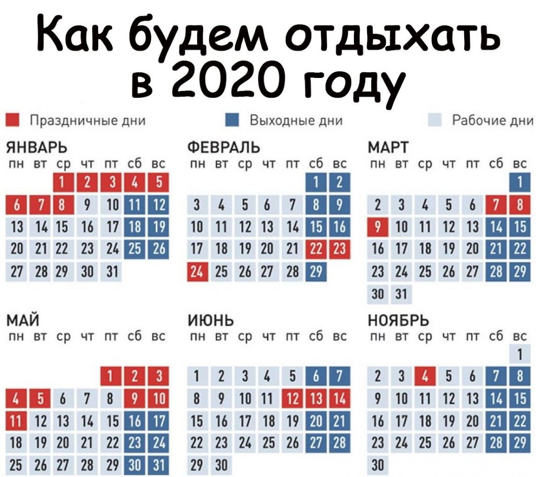 Как будем отдыхать в 2020 году Праздничные дни ЯНВАРЬ пн вт ср чт пт сб вс ВПП тиш 13 1415 16 ШШ 211 2122 23 24ШШ 27 28 29 30 31 МАЙ пн вт ср чт пт сб вс в 7 шт 12 13 14 БШ 111 19 20 21 ПШ 25 26 27 28 2955151 Выходные дни Рабочие дни ФЕВРАЛЬ МАРТ пн вт ср чт пт сб вс пн вт ср чт пт сб вс 34567пп23456 п 1011121314шш июн 1213Ш 171111920 21 1617181920ШШ 25212721Ш 23 и 25 21 27Ш 30 31 ИЮНЬ НОЯБРЬ пн в