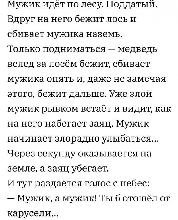 Мужик идёт по лесу Поддатый Вдруг на него бежит лось И сбивает мужика наземь Только подниматься медведь вслед за лосём бежит сбивает мужика опять и даже не замечая этого бежит дальше Уже злой мужик рывком встаёт и видит как на него набегает заяц Мужик начинает злорадно улыбаться Через секунду оказывается на земле а заяц убегает И тут раздаётся голос с небес Мужик а мужик ТЫ б отошёл от карусели