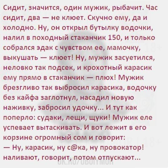 Сидит значится один мужик рыбачит Час сидит два не клюет Скучно ему да и холодно Ну он открыл бутылку водочки налил в походный стаканчик 150 и только собрался эдак с чувством ее мамочку выкушать клюет Ну мужик засуетился неловко так подсек и крохотный карасик ему прямо в стаканчик плюх Мужик брезгливо так выбросил карасика водочку без кайфа заглотнул насадил новую наживку забросил удочку И тут как