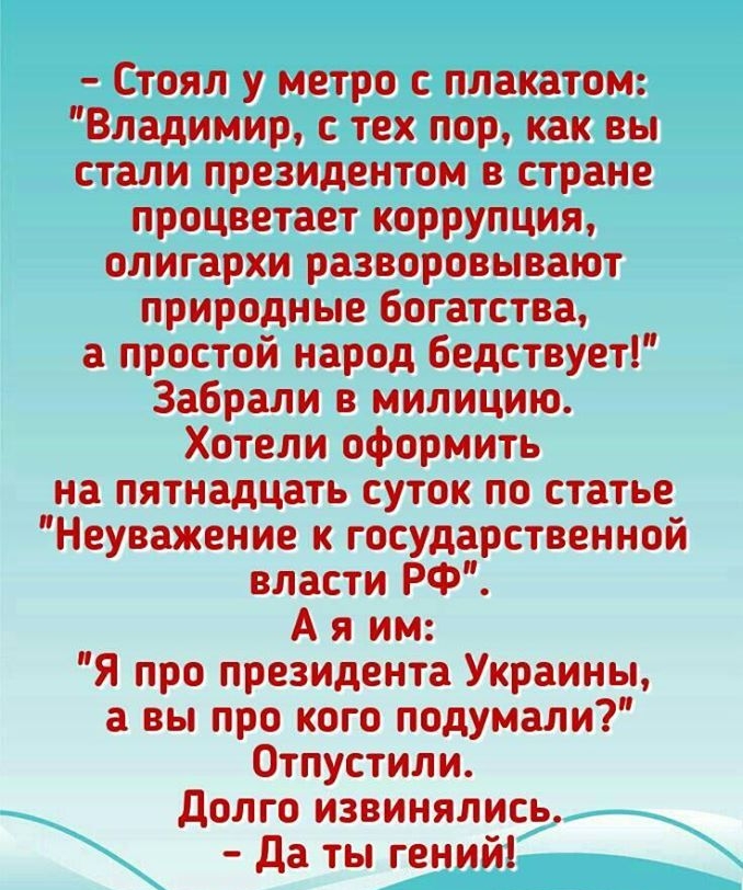 Стоял у метро с плакатом Владимир с тех пор как вы стали президентом в стране процветает коррупция олигархи разворовывают природные богатства а простой народ бедствует Забрали в милицию Хотели оформить на пятнадцать суток по статье Неуважение к государственной власти РФ А я им Я про президента Украины а вы про кого подумали Отпустили долго извинялись Да ты гений