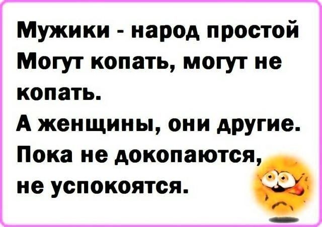 Мужики народ простой Могут копать могут не копать А женщины они другие Пока не докопаются не успокоятся