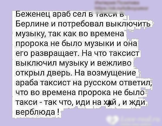 Беженец араб сел в т п Берлине и потребовал выключИть музыку так как во времена пророка не было музыки и она его развращает На что таксист выключил музыку и вежливо открыл дверь На возмущениё араба таксист на русском ответил что во времена пророка не было такси так что иди на цй и жди верблюда