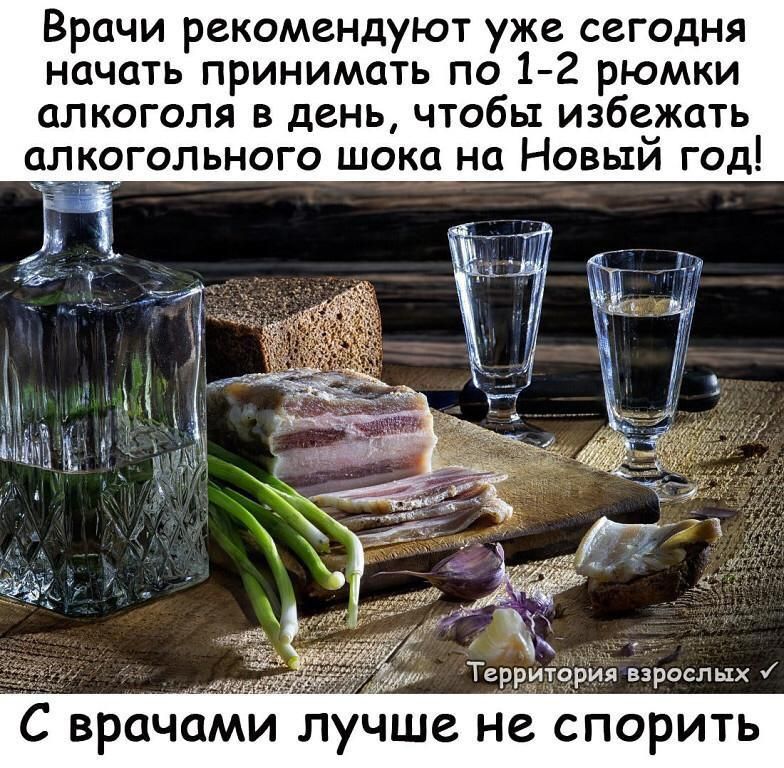 Врачи рекомендуют уже сегодня начать принимать по 1 2 рюмки алкоголя в день чтобы избежать алкогольного шока на Новый год Территория варослых С врачами лучше не спорить