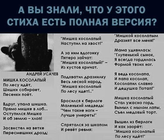 А ВЫ 3НААИ ЧТО У ЭТОГО СТИХА ЕСТЬ ПОАНАЯ ВЕРСИЯ Мишкой косеапым Аразият не меня Мишка космипый наступиА а хюсп Мамо уАипишсь ГАупеиький сыкок я мым горАиАась Формай твоих мог А за им импорту Пятеро юйчпт Мишка косоАапый и кричит химки усдчгв я веАь косоАппа _ подхватил Арсиижу И п косошп кишкд КОСОААПЫИ весь косоюпм в Аесу иАет Мишка костюм и е пота Шишки собирает ПО десу иАеП А Ау Песенки поет Ми