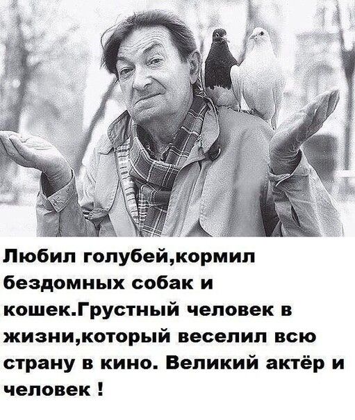 Любил голубейкормил бездомных собак и кошекГрустиый человек в жизникоторый веселил всю страну в кино Великий актёр и человек