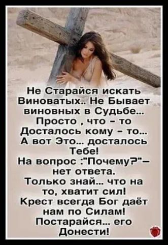 Не Старайся искать Виноватых Не Бывает виновных в Судьбе Просто что то досталось кому то А вот Это досталось Тебе На вопрос Почему нет ответа ТОЛЬКО знай ЧТО на то хватит сил Крест всегда Бог даёт нам по Силам Постарайся его Донести Тс