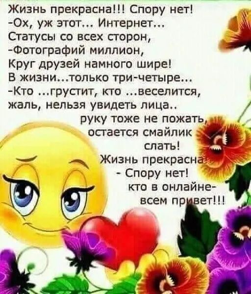 Жизнь прекрасна Спору нет 0 уж этот Интернет Статусы со всех сторон Фптографий миллион Круг друзей намного шире В жизнитолько три четыре Кто грусгит кто веселится жаль нельзя увидеть лица руку тоже не пожать остается смайлик слать Жизнь прекрасна Спору нет кто в онлайне всем пр ет