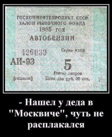 Государственный запасной актив, 1985 год. Автогаз АИ-93. 5 литров. Цена: 6 рублей, 00 копеек.
- Нашел у деда в 'Москвиче', чуть не расплакался.