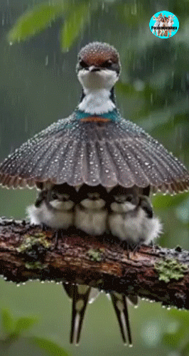 Птица-родитель с птенцами под крылом в дождливую погоду