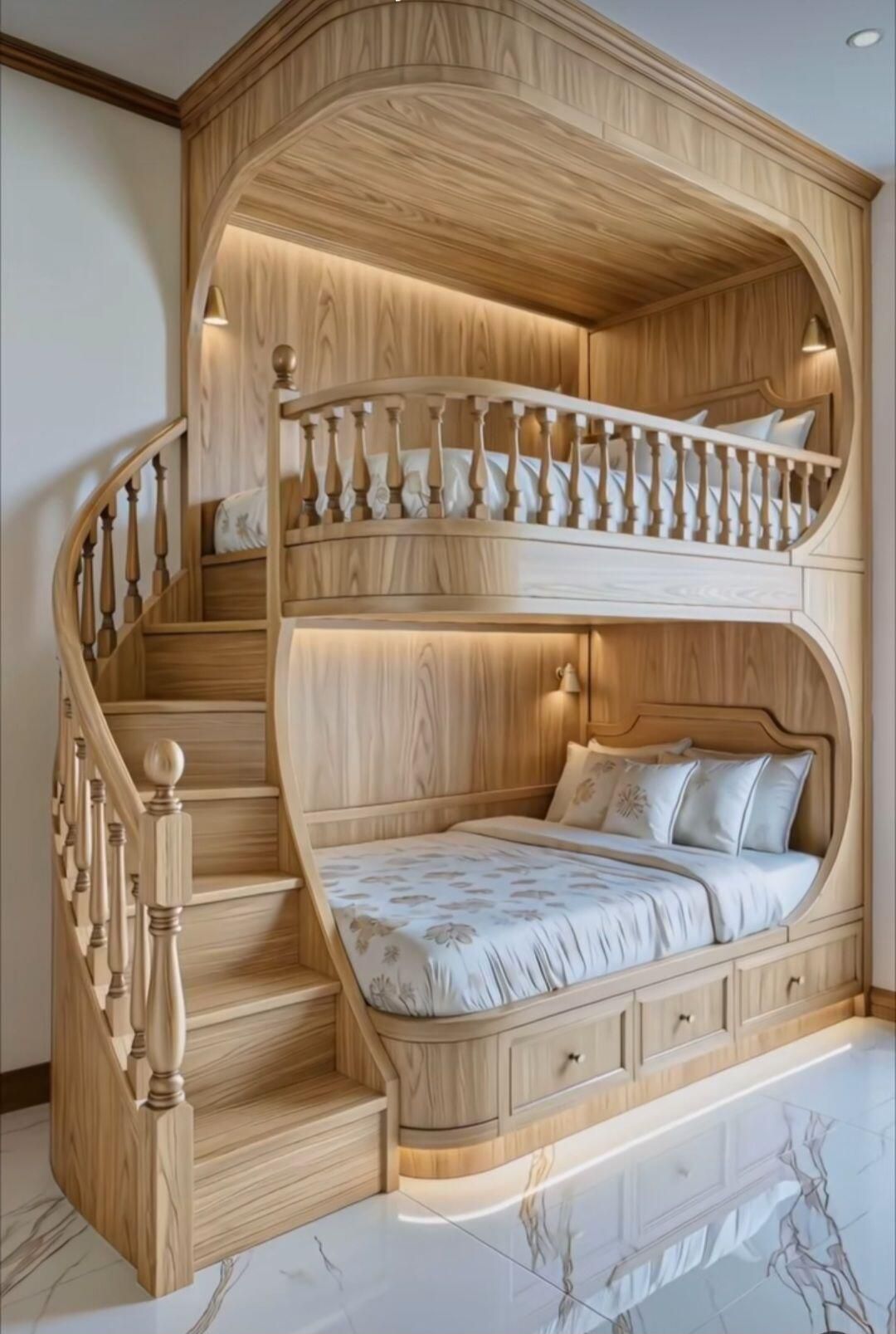 Голубая деревянная двухъярусная кровать-лоджия с лестницей и подушками