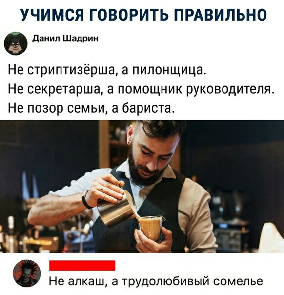 УЧИМСЯ ГОВОРИТЬ ПРАВИЛЬНО данип Шадрин Не стриптизёрша а пипонщица Не секретарша а помощник руководителя Не позор семьи а бариста Не алкаш а трудолюбивый сомелье