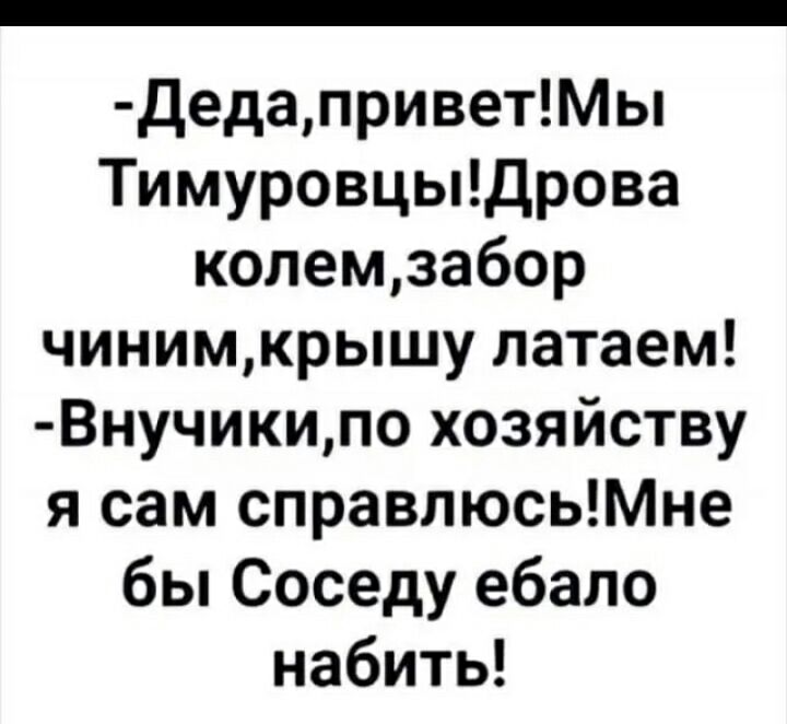 дедаприветМы ТимуровцыДрова колемзабор чинимкрышу латаем Внучикипо хозяйству я сам справлюсьМне бы Соседу ебало набить