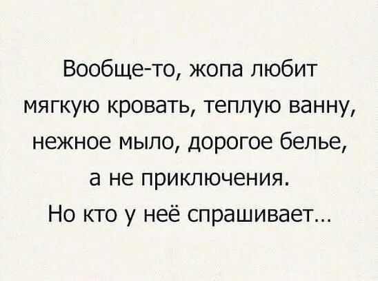 Вообще то жопа любит мягкую кровать теплую ванну нежное мыло дорогое белье а не приключения Но кто у неё спрашивает