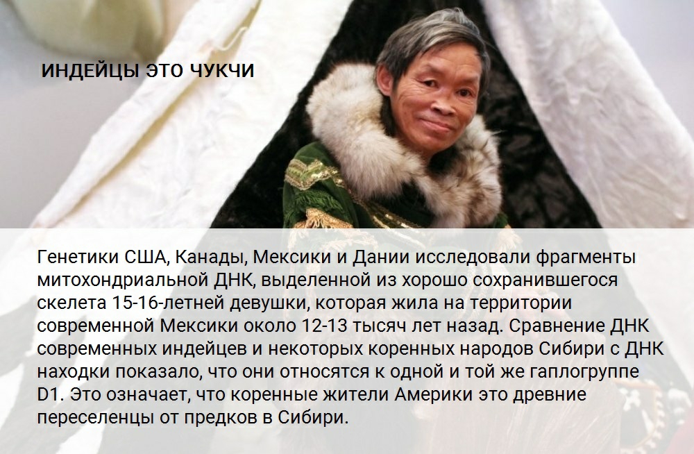 ИНДЕ ТО ЧУКЧИ Генетики США Канады Мексики и Дании исследовали фрагменты митохондриальной дНК выделенной из хорошо сохранившегося скелета 15 1б летней девушки которая жила на территории современной Мексики около 12 13 тысяч лет назад Сравнение дНК современных индейцев и некоторых коренных народов Сибири с ДНК находки показало что они относятся к одной и той же гаплогруппе 01 Это означает что коренн