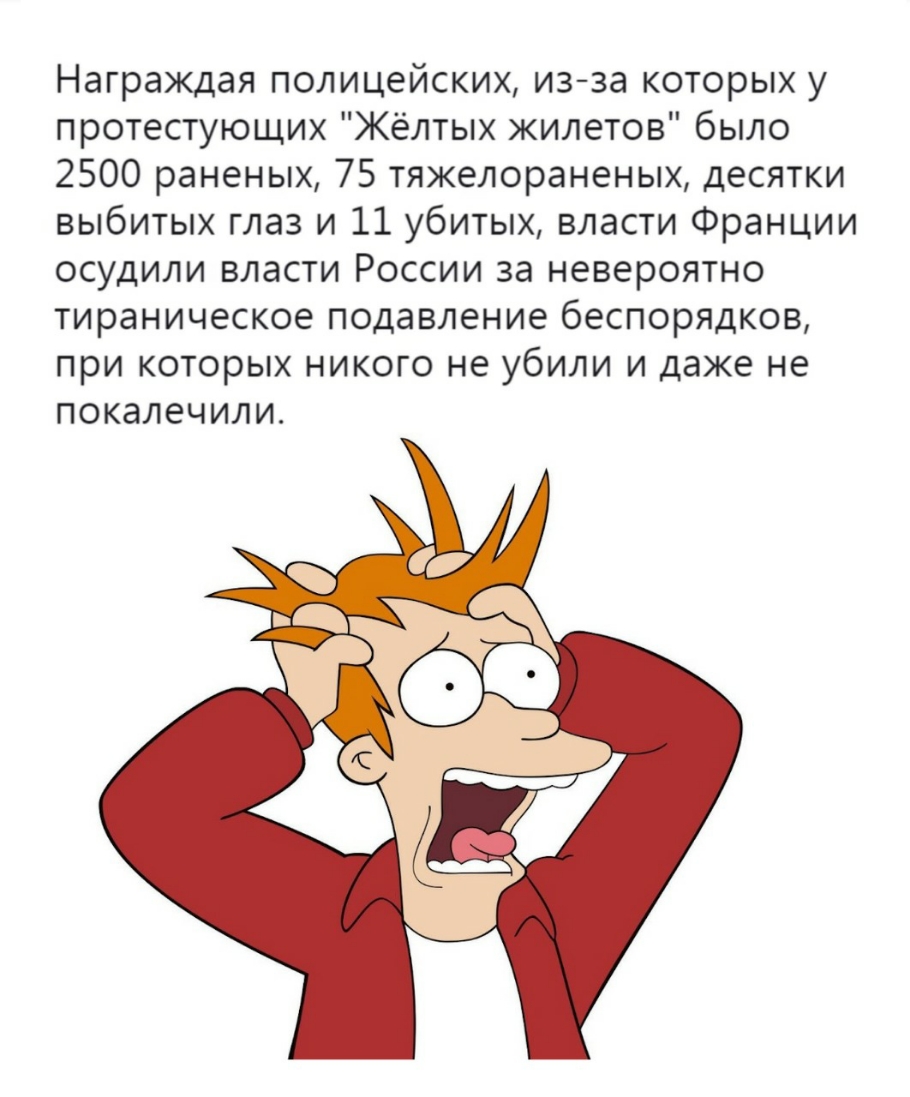 Награждая полицейских из за которых у протестующих Жёлтых жилетов было 2500 раненых 75 тяжелораненых десятки выбитых глаз и 11 убитых власти Франции осудили власти России за невероятно тираническое подавление беспорядков при которых никого не убили и даже не покалечили