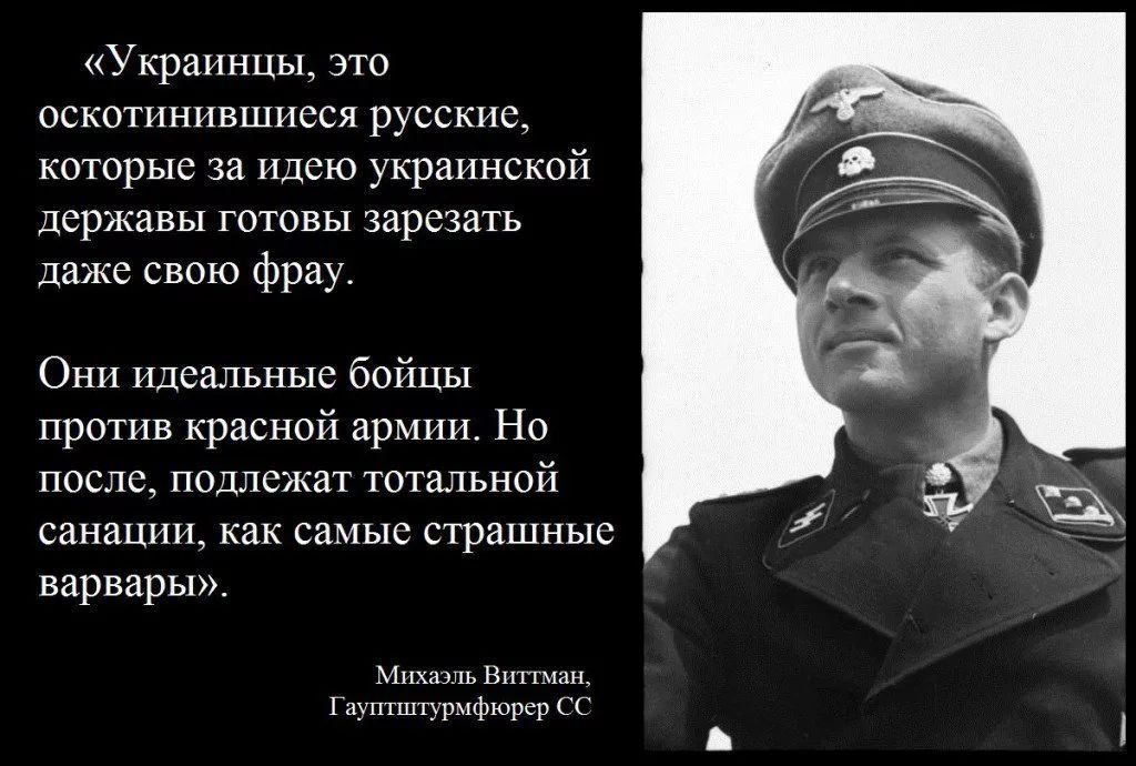 УКраИНЦЫ ЭТО оскотинившиеся русские которые за идею украинской Державы ГОТОВЫ зарезать даже свою фрау Они идеальные бойцы против красной армии Но после подлежат тотальной санации как самые страшные варвары Михаэль Виттмш ь Г ауптштурмфюрер СС