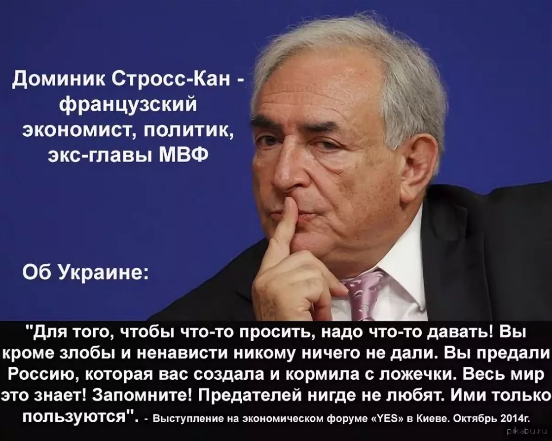 Доминик Стросс Кан французский экономист политик экс главы МВФ Об Украине для того чтобы что то просить надо что то давать Вы кроме злобы и ненависти никому ничего не дали Вы предали Россию которая вас создала и кормила с ложечки Весь мир это знает Запомните Предателей нигде не любят Ими только пользуются Выступление на экономическом форуме УЕЗ в Киеве Октябрь 2014г пи
