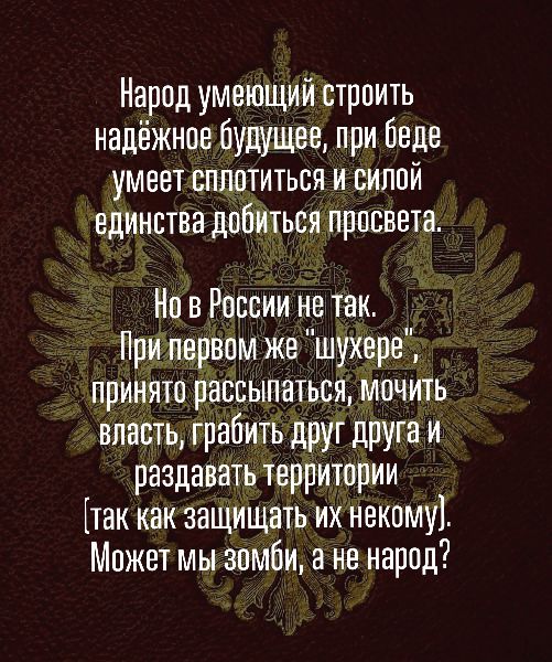 Народ умеющий строить надёжное будущее при беде умеет сплотиться и силой единства добиться просвета Но в России не так При первом же шухере принято рассыпаться мочить власть грабить друг друга и раздавать территории так как защищать их некому Может мы зомби а не народ