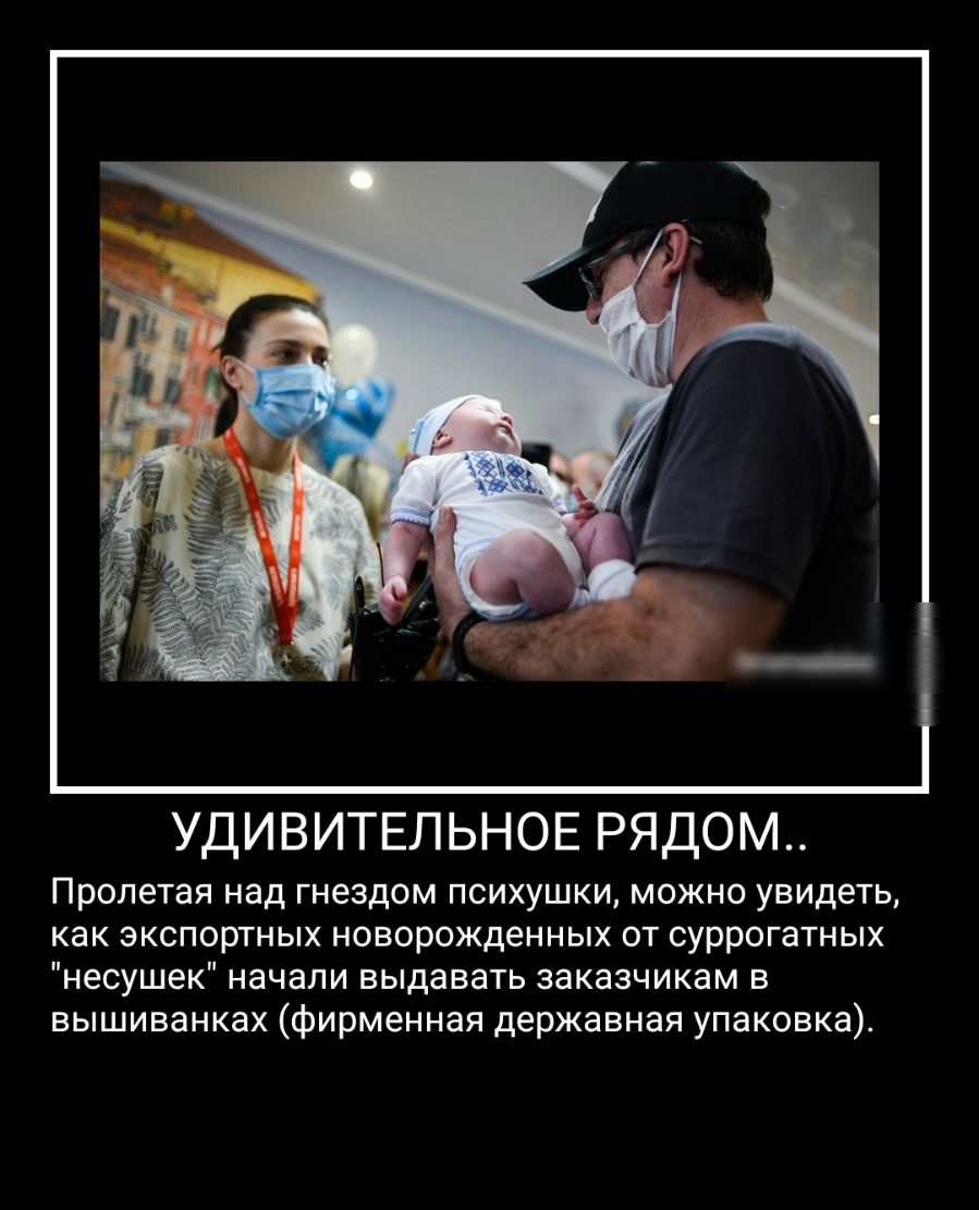 УДИВИТЕЛЬНОЕ РЯДОМ Пролетая над гнездом психушки можно увидеть как экспортных новорожденных от суррогатных несушек начали выдавать заказчикам в вышиванках фирменная державная упаковка