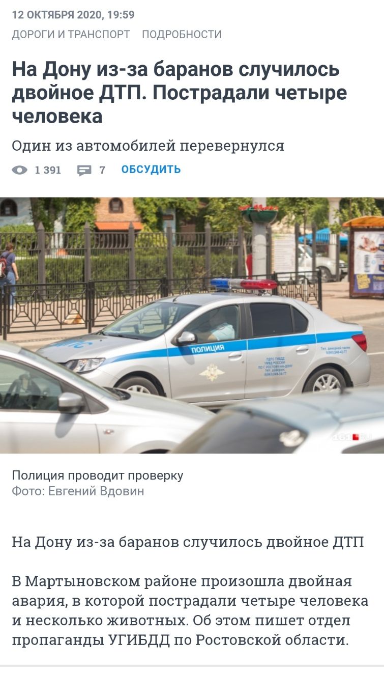 12 ОКТЯБРЯ 20201959 ДОРОГИ И ТРАНСПОРТ ПОДРОБНОСТИ На Дону из за баранов случилось двойное дТП Пострадали четыре человека Один из автомобилей перевернулся О 1391 Б 7 ОБСУДИТЬ Полиция проводит проверку Фото Евгений Вдовин На Дону изза баранов случилось двойное ДТП В Мартыновском районе произошла двойная авария в которой пострадали четыре человека и несколько животных Об этом пишет отдел пропаганды 